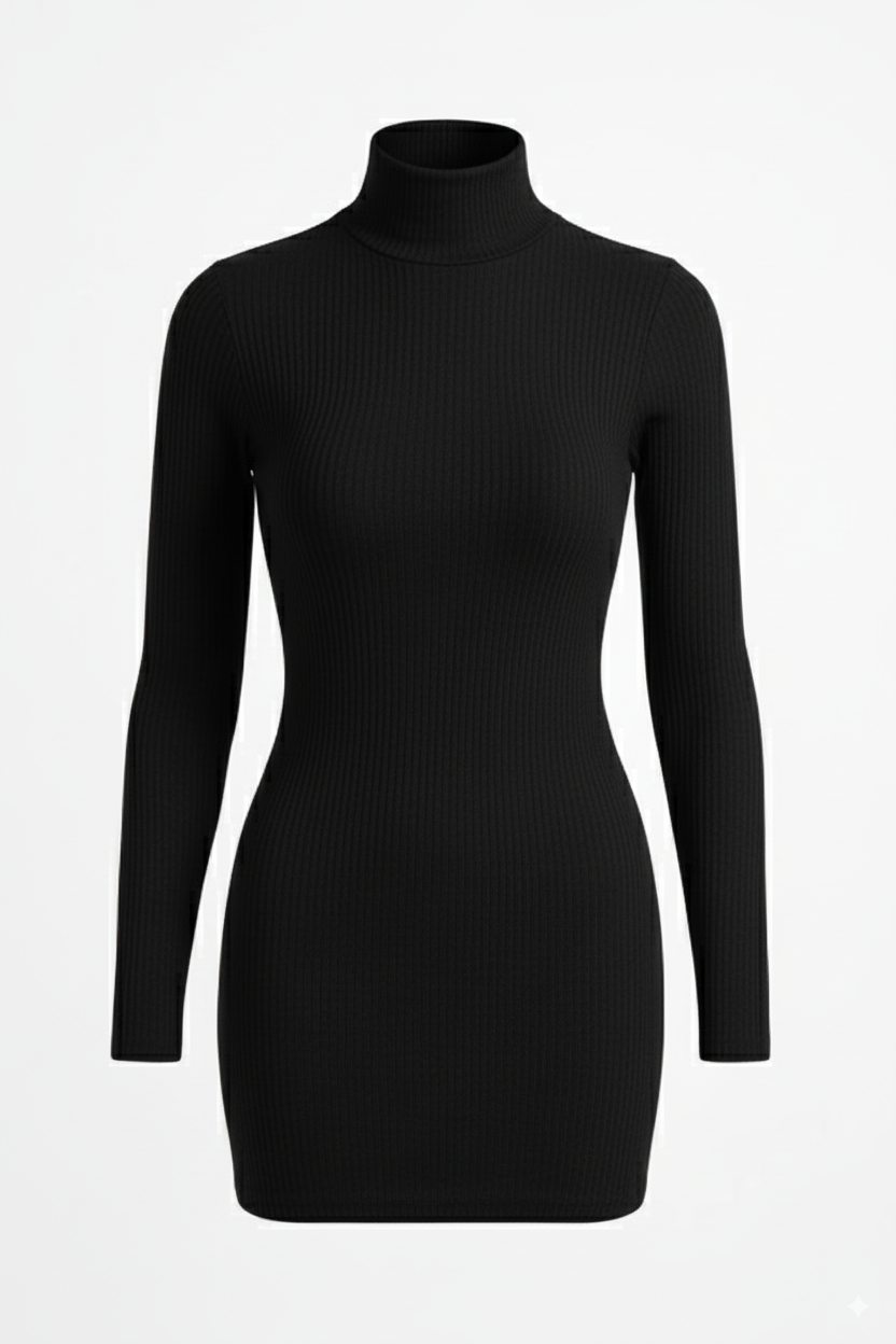 Vestido de punto canalé cuello alto – Gris