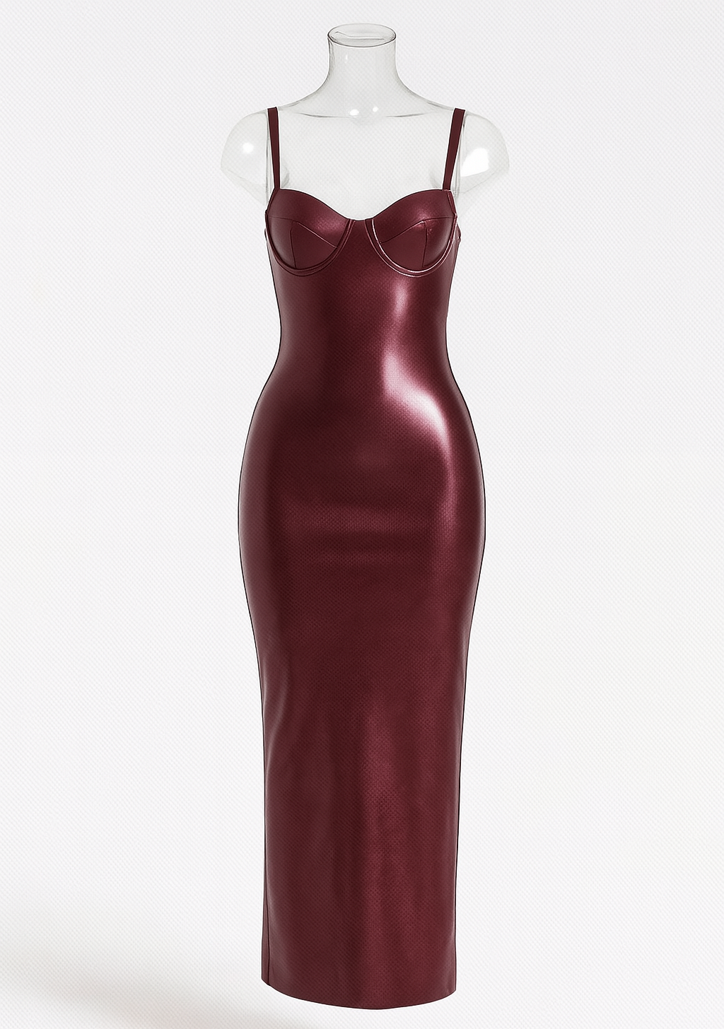 Vestido Midi Ajustado de Cuero Vegano – Granate Intenso