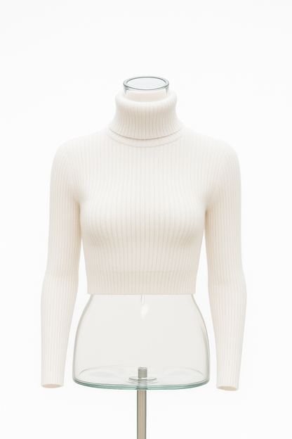 Suéter Crop de Cuello Alto Acanalado – Blanco Puro