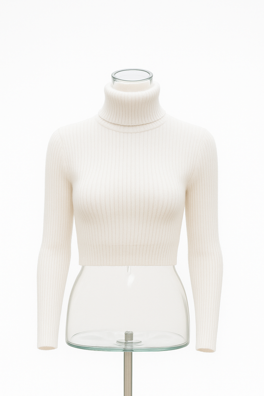 Suéter Crop de Cuello Alto Acanalado – Blanco Puro