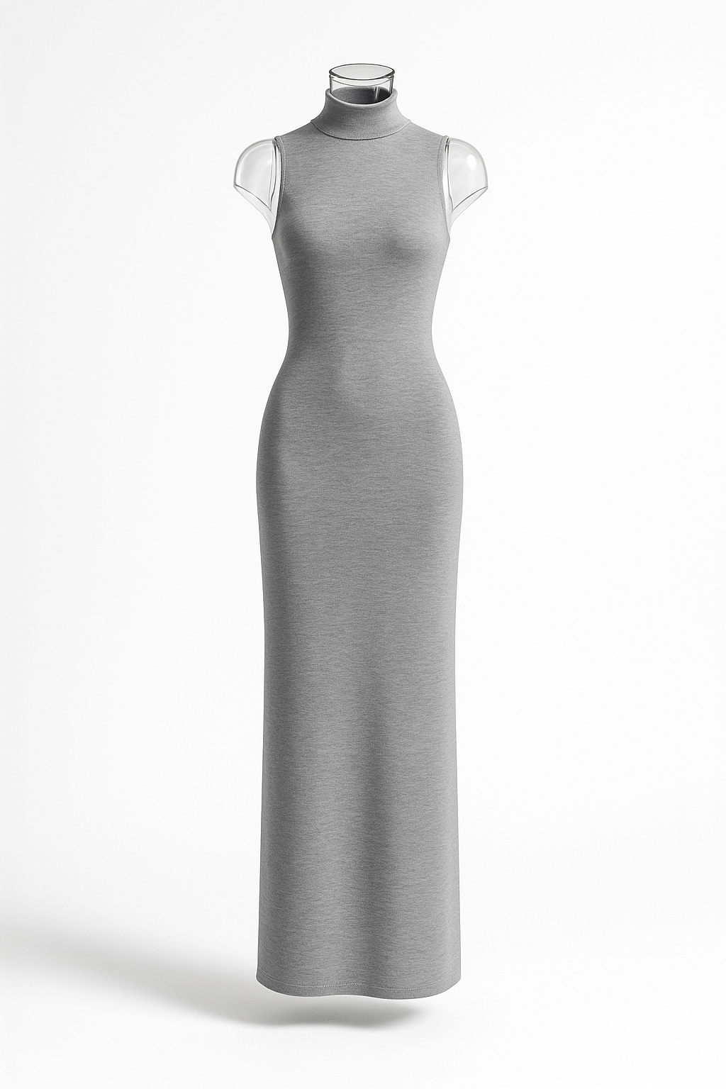 Vestido Maxi Ajustado de Punto con Cuello Alto – Gris Genuina