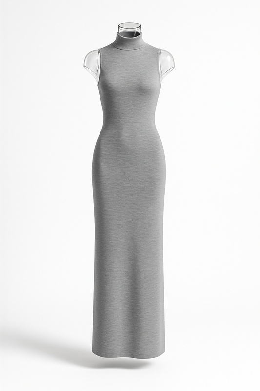 Vestido Maxi Ajustado de Punto con Cuello Alto – Gris Genuina