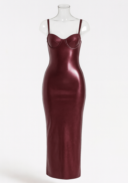Vestido Midi Ajustado de Cuero Vegano – Granate Intenso