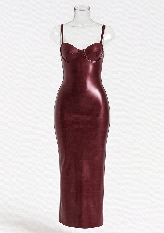 Vestido Midi Ajustado de Cuero Vegano – Granate Intenso