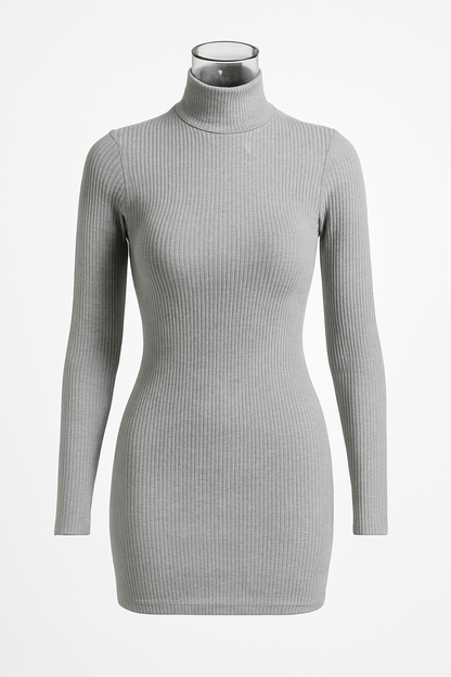 Vestido de punto canalé cuello alto – Gris