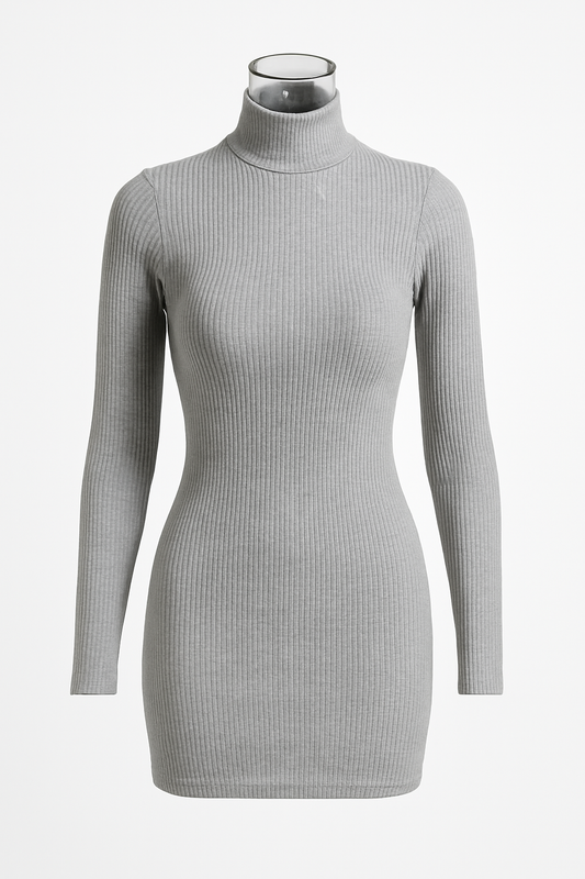 Vestido de punto canalé cuello alto – Gris