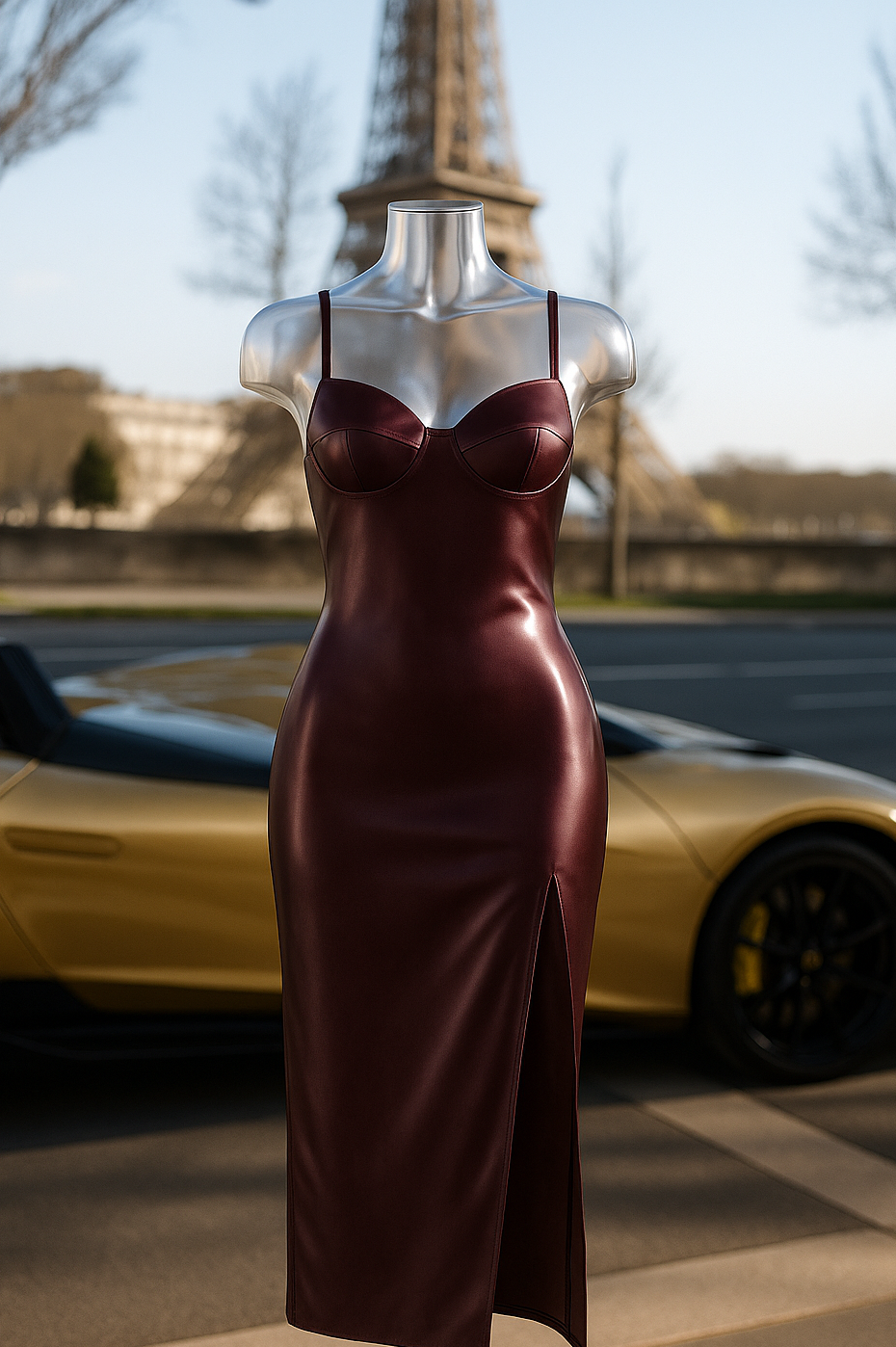 Vestido Midi Ajustado de Cuero Vegano – Granate Intenso